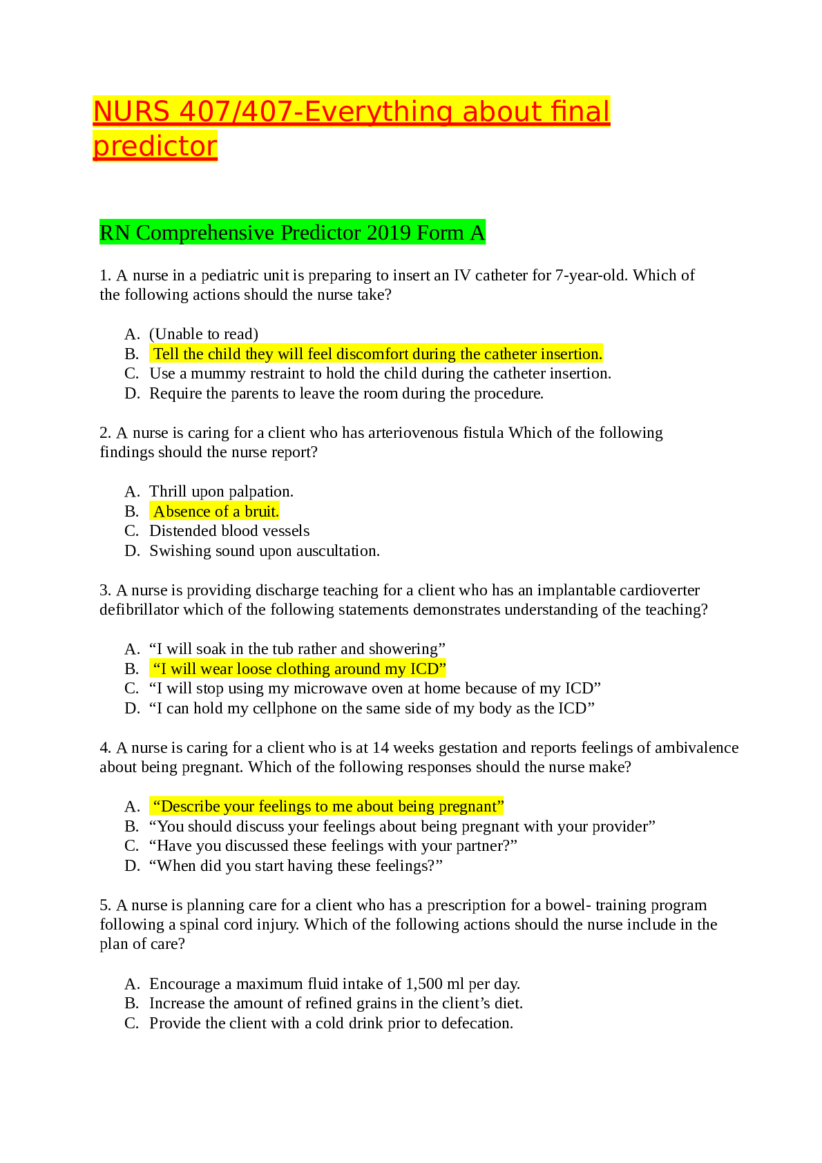 Preview image for RN Comprehensive Predictor 2019 Form A NURS 407/407-Everything about final predictor